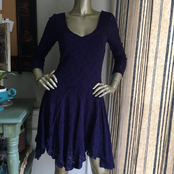 Free People Navy Stretch Lace Fit & Flare Dress - Picture 3 of 8